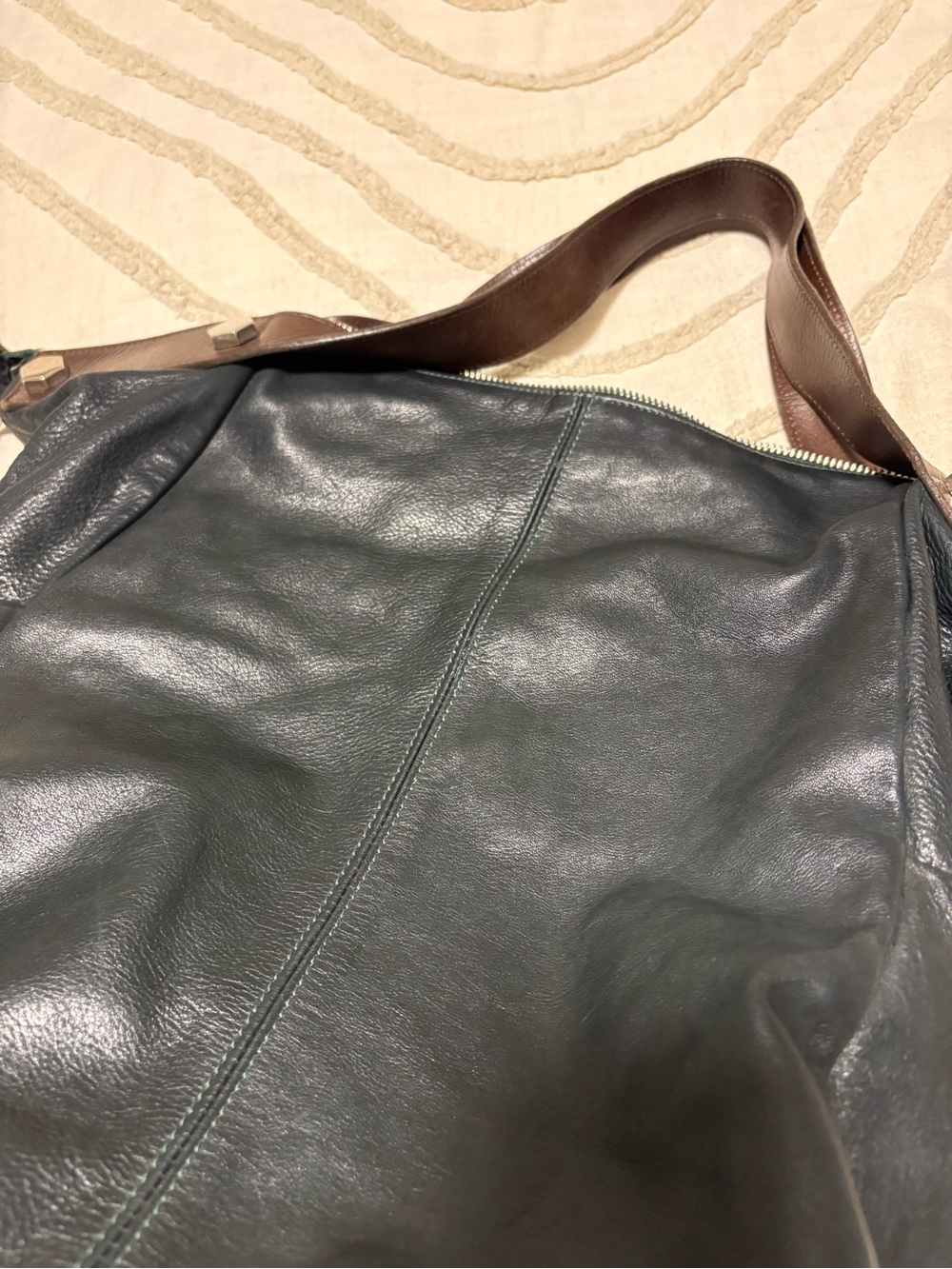 Leather Tote Bag in Dark Green with Brown Strap